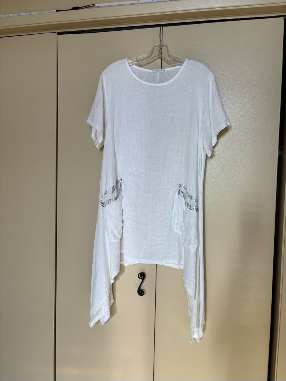 Women’s White Asymmetric Tunic Top with silver trimmed pockets